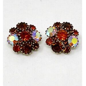 Vintage Gold Tone Topaz & AB Rhinestone Stud Clip-On Statement Earrings Costume